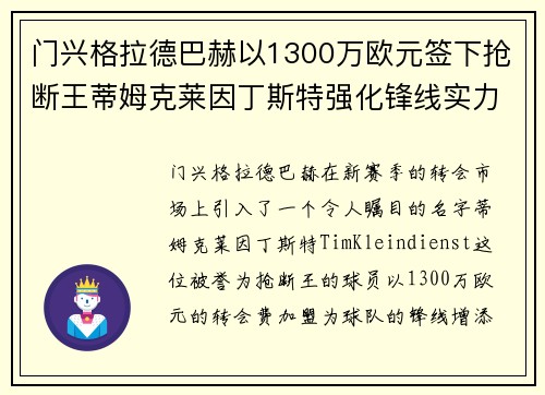 门兴格拉德巴赫以1300万欧元签下抢断王蒂姆克莱因丁斯特强化锋线实力